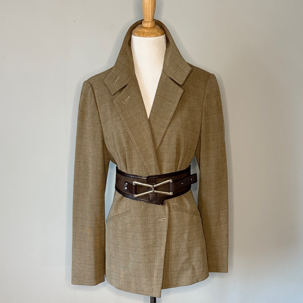 Vintage Atelier Women's Tan Plaid Blazer Mandarin Collar Sz 10